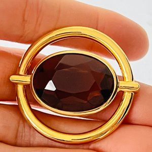 Vintage Luxurious 18K Gold Plated Large Faceted Smoky Topaz Glass Round Brooch